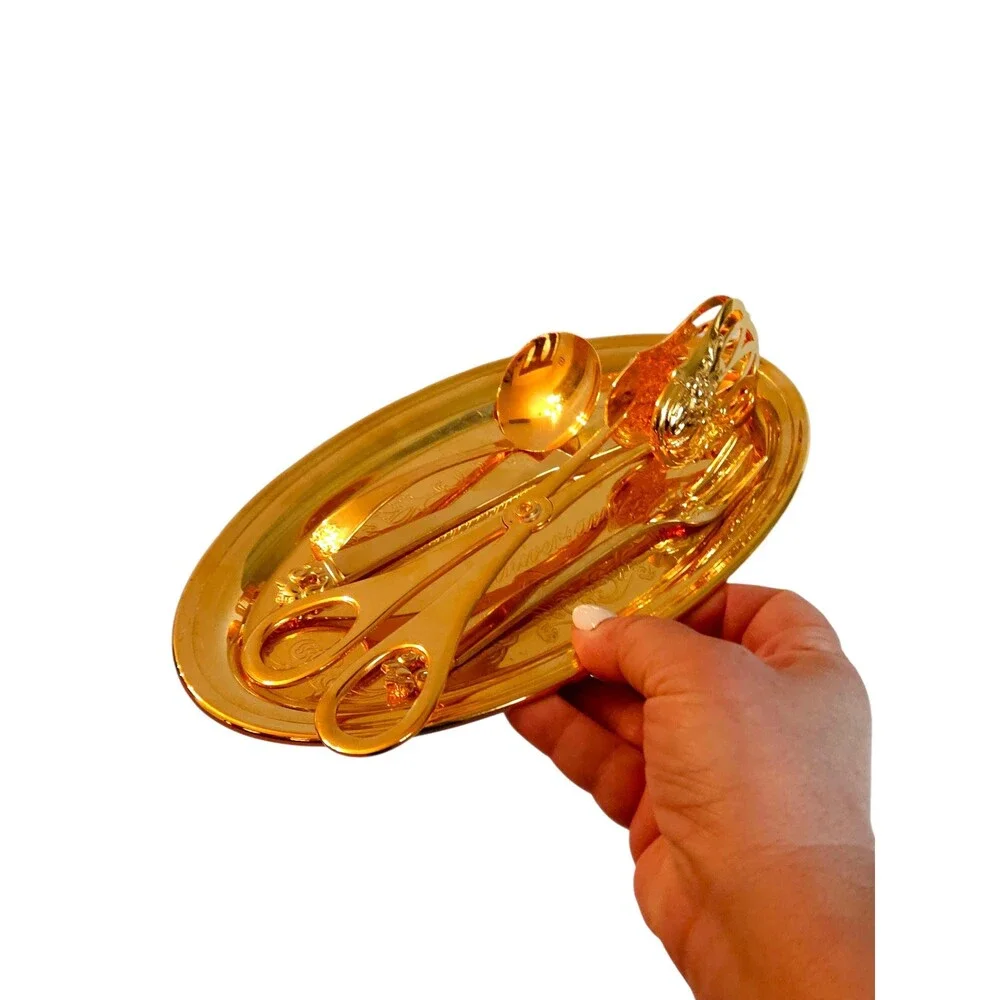 Vtg 50th Anniversary Gorham Gold Serving Set, 5-Piece Gold Plated Tray Utensils
